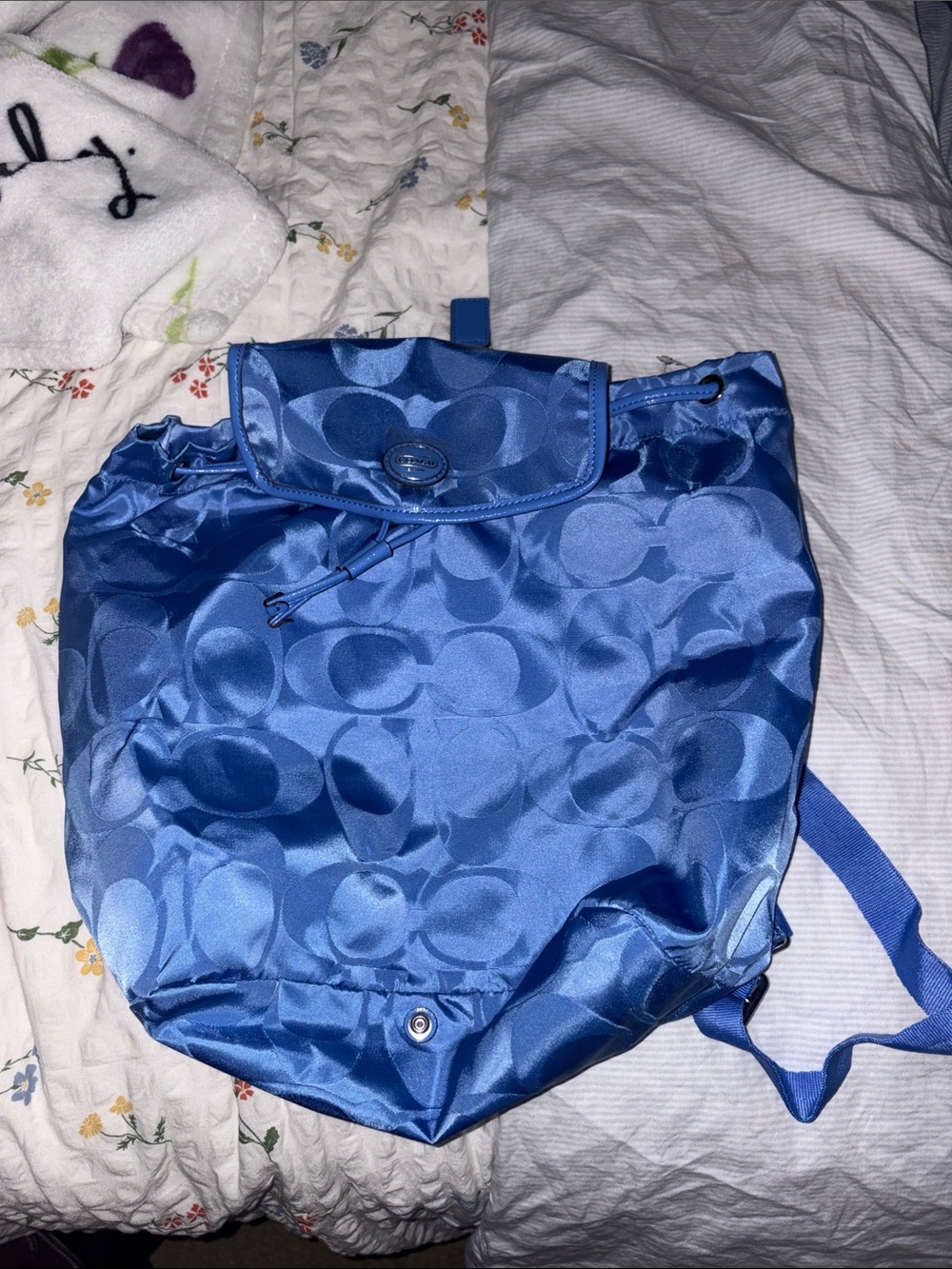 Coach Blue Signature Nylon Drawstring Backpack with Flap
